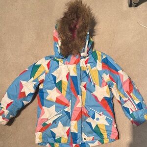 Mini Boden Multicolor Star Print Jacket with Faux Fur Hood